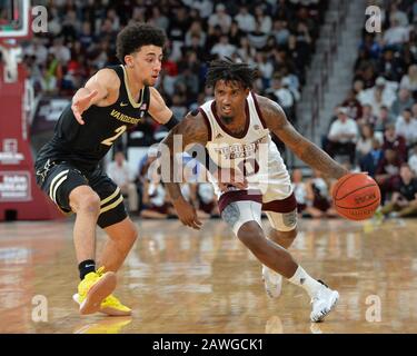 February 08, 2020: Mississippi State guard, Nick Weatherspoon (0), drives against Vanderbilt guard, Scotty Pippen Jr. (2), during the NCAA basketball game between the Vanderbilt Commodores and the Mississippi State Bulldogs at Humphrey Coliseum in Starkville, MS. Kevin Langley/Sports South Media/CSM Stock Photo