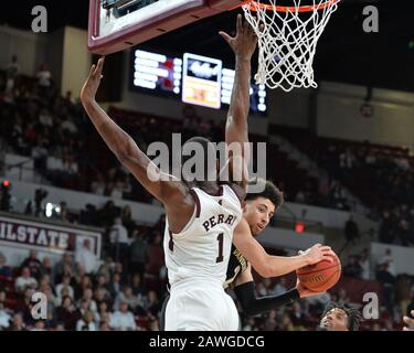 February 08, 2020: Vanderbilt guard, Scotty Pippen Jr. (2), drives to the hoop against Mississippi State forward, Reggie Perry (1), during the NCAA basketball game between the Vanderbilt Commodores and the Mississippi State Bulldogs at Humphrey Coliseum in Starkville, MS. Kevin Langley/Sports South Media/CSM Stock Photo