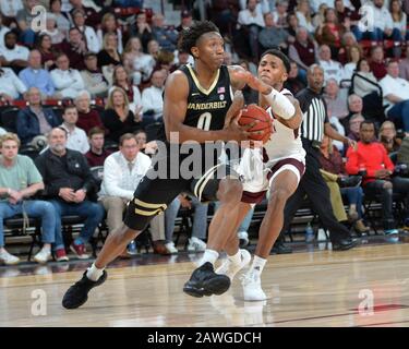 February 08, 2020: Vanderbilt guard, Saben Lee (0), drives against Mississippi State guard, D.J. Stewart Jr. (3), during the NCAA basketball game between the Vanderbilt Commodores and the Mississippi State Bulldogs at Humphrey Coliseum in Starkville, MS. Kevin Langley/Sports South Media/CSM Stock Photo