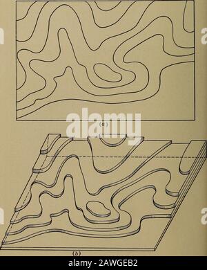 Topographic maps and sketch mapping . thod. Pieces of cardboard arecut out the exact size and shape of the contours shown in thecontour map in Fig. 15a. When placed over each other inthe proper position these form a solid made up of layers asshown in Fig. 15b. The thickness of the cardboard correspondsto the V. I. and, if the steps between these layers were filledwith modeling clay so as to slope uniformly from the topedge of each layer to the top edge of the layer below, a truerelief model would be formed. Time is seldom availableto make relief models, but the layer idea is one which is often Stock Photo