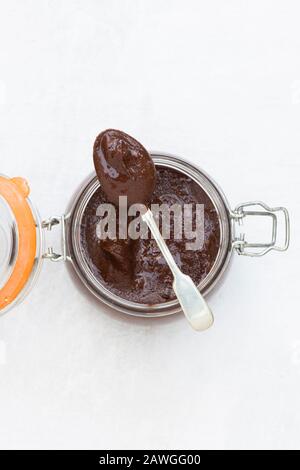 Homemade vegan hazelnut chocolate spread in a kilner jar Stock Photo