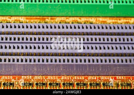 Memory slots on the motherboard close up. ram socket. connector on the circuit board of computer Stock Photo