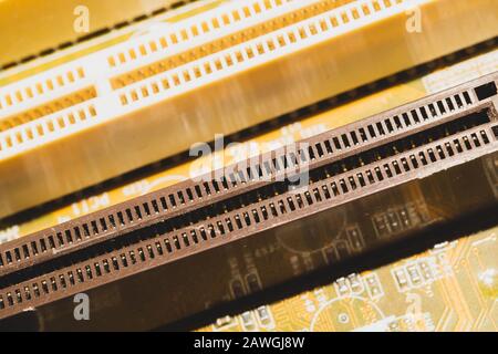 Memory slots on the motherboard close up. ram socket. connector on the circuit board of computer Stock Photo