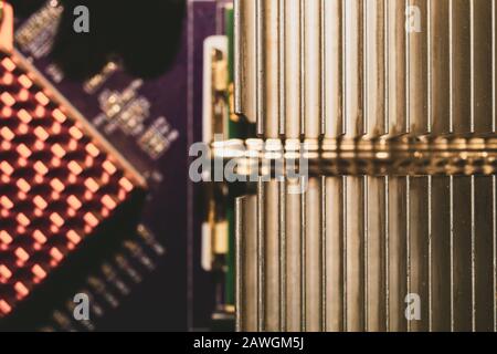Computer radiator abstract macro background. processor cooling system. motherboard detail Stock Photo