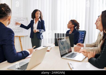Female entrepreneur conducting presentation in front of managers of financial department Stock Photo