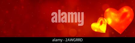 Panoramic red bokeh glitters with glowing hearts background. Valentines theme concept. Stock Photo