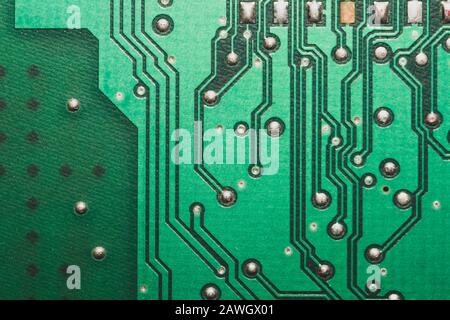 Electronic circuit board abstract background. computer motherboard close up. modern technologies. micro elements of computer with connections and trac Stock Photo