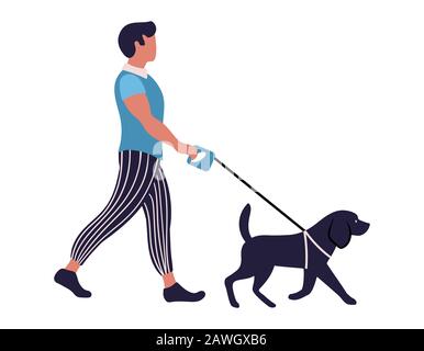 Man in casual clothes walking with his dog. Person with pet isolated on white background. Flat vector illustration. Stock Vector