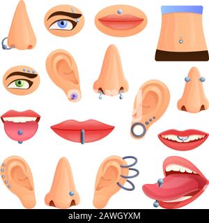 Piercing icons set. Cartoon set of piercing vector icons for web design Stock Vector