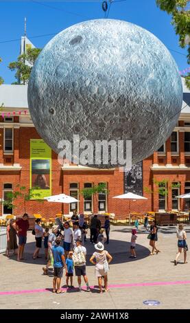 Museum of the Moon art installation by artist Luke Jerram 7 metre diameter Moon suspended over Perth Cultural Centre Northbridge Perth WA Australia. Stock Photo