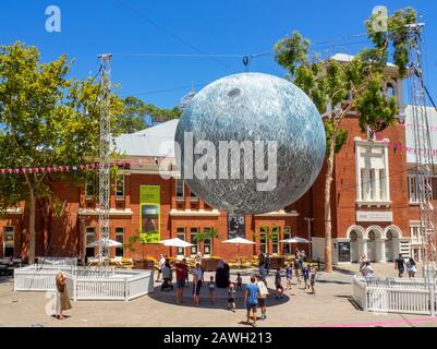 Museum of the Moon art installation by artist Luke Jerram 7 metre diameter Moon suspended over Perth Cultural Centre Northbridge Perth WA Australia. Stock Photo