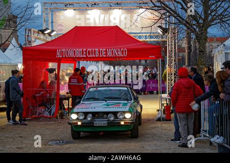 VALENCE, FRANCE, February 2, 2020 : Arrival of Historic Monte-Carlo Rally stage. This 23rd edition hosts 310 teams from 28 countries with 40 brands Stock Photo