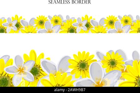 Flower meadow seamless vector border. repeating pattern. Use for greeting cards, surface decoration, ribbons, fabric decoration, Easter, footer.. Stock Vector