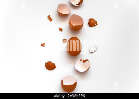 top view flat lay one brown egg and egg shells on a white background Stock Photo