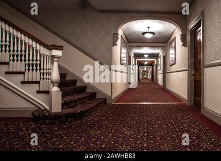 Hallway in The Historic Stanley Hotel in Estes Park, Colorado. A haunted hotel that inspired Stephen King's 'The Shining.' Stock Photo