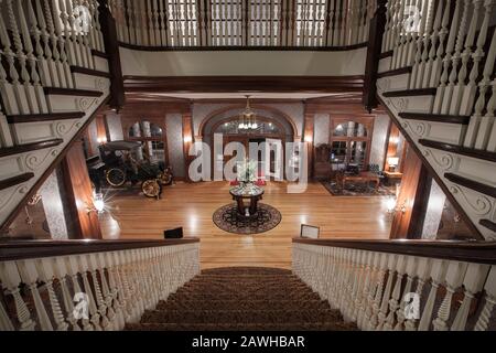 Grand Staircase looking into the lobby of the Historic Stanley Hotel in Estes Park, CO. A haunted hotel that inspired Stephen King's 'The Shining.' Stock Photo