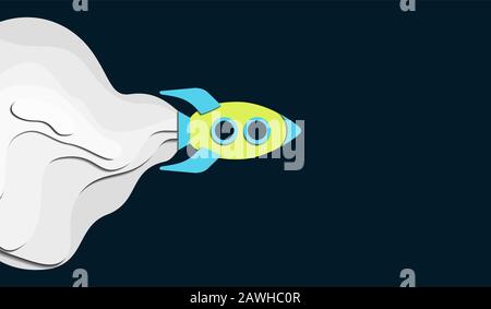 Spaceship vector illustration in paper cut style. Green rocket on dark night background with copy space for text. Puff of white smoke bursting out of Stock Vector