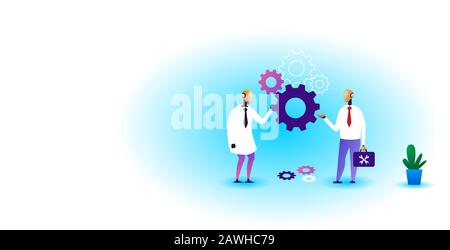 two robots holding cog wheel brainstorming process artificial intelligence technology teamwork concept horizontal full length vector illustration Stock Vector