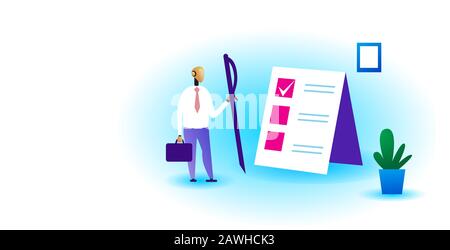 modern robot holding pen task solutions new ideas checklist with marks in check boxes business plan artificial intelligence technology concept full length horizontal vector illustration Stock Vector