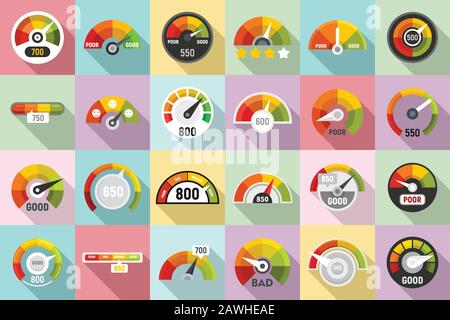 Credit score icons set. Flat set of credit score vector icons for web design Stock Vector