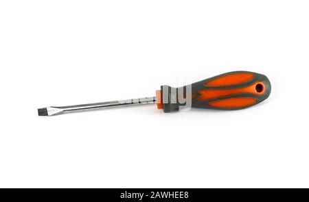 Slotted screwdriver with plastic handle isolated on white background Stock Photo