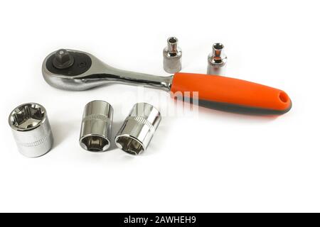 Socket wrenches and reversible handle isolated on white background Stock Photo