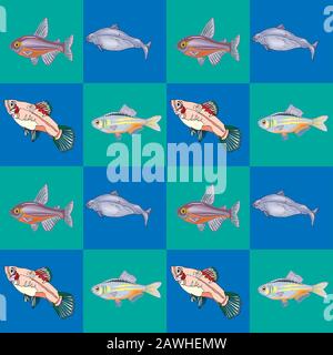 Seamless pattern with fishes. Hand drawn undersea world. Colorful artistic background. Aquarium. Can be used for wallpaper, textiles, wrapping, card, Stock Vector