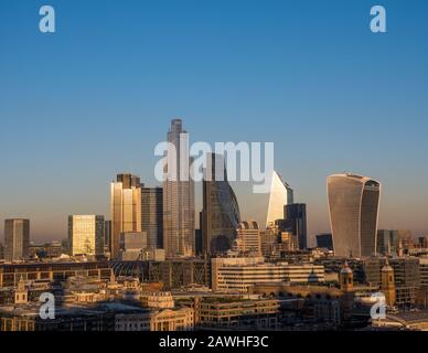 Last Light of The Day Hitting Skyscrapers, City of London, England, UK, GB. Stock Photo