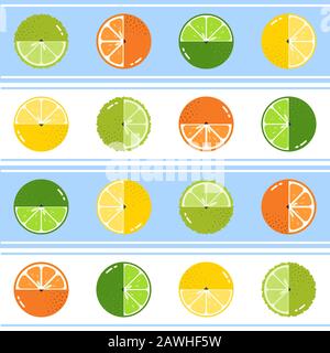 Fruits Citrus diversely oriented seamless vector pattern on blue and white horizontal stripes background Stock Vector