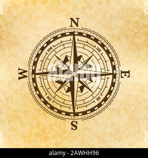 Vintage wind rose symbol, ancient compass icon on old yellow paper Stock Vector