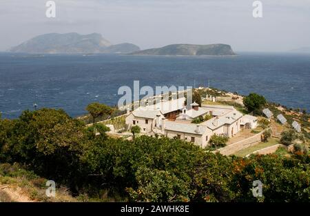 Kyra Panagia Monastery, Pelagonisi island (Nisos Kyra Panagia) and Gioura island, Northern Sporades, Greece Stock Photo