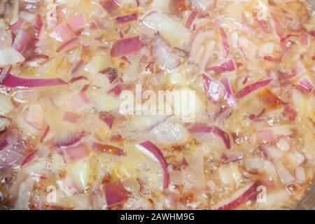 onion boiling in oil with water after beeing slightly baked Stock Photo