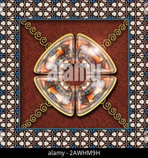 3D rendering elegant combo creative graphics artwork with ornament on textured wall and metallic abstract decoration Stock Photo