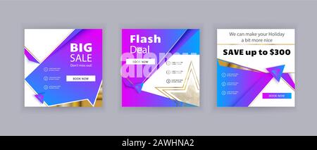 Business banners. Social Media Design. Square template vector. Abstract triangle violet background with gold srar. Stock Vector