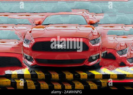 Iloilo City, Philippines: Red colored Ford Mustang sports car, photographed from front low angle, retouched to a collage Stock Photo