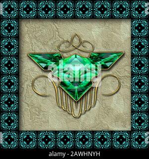 3D rendering elegant combo creative graphics artwork with ornament on textured wall and metallic abstract decoration Stock Photo