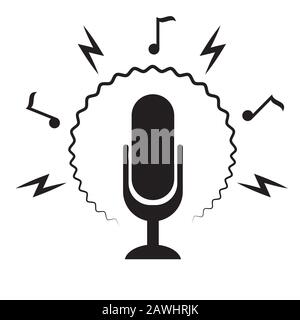 Old microphone icon with notes and lightning bolts on a white isolated background. Vector image Stock Vector