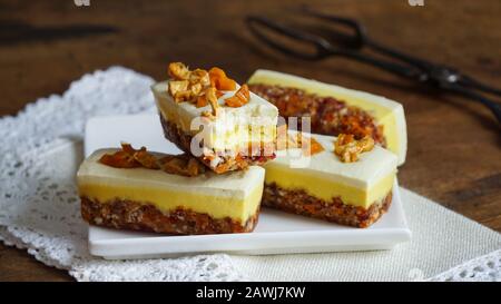 healthy raw vegan cheese cake - mango and pineapple, gluten free, lactose free Stock Photo