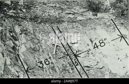 Transactions . Fig. 10.—Phosphate Workings nearcokeville, wyo. Fig. 11.—Surface Workings atcokeville, wyo.. Lower Member. Parting. Upper Member. Fig. 12.—Outcrop of Phosphate Bed near Cokevikle, Wyo. 208 A NEW PHOSPHATE FIELD IN THE UNITED STATES. The continuation of this formation was located by the Bradleyinterests in the Bear hills east of Bear river in Utah in Sections 5,8, 17, and 19, T. 11 X., R. 8 E., S. L. M., and by myself in Sections7, 18, and 19, T. 11 X., R. 8 E. The Bear River fault has brought up the Carboniferous formationin a very steep mountain in which the formation is expose Stock Photo