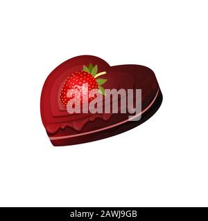 Realistic heart-shaped chocolate layered cake with dripping chocolate and strawberries on top. Vector illustration. Valentines cake. Can be used for Stock Vector