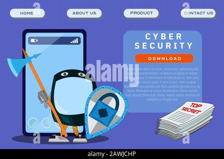Cyber security site template. Access control software development header poster design. Vector illustration of a guard character and computer technolo Stock Vector