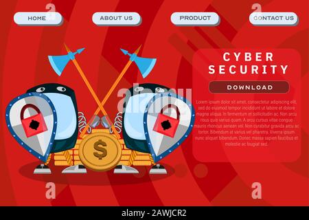 Cyber security site template. Access control software development header poster design. Vector illustration of a guard character and computer technolo Stock Vector