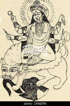Hindu mythology, Vedic and Purānic . a received Chanda and Manda, the messen-gers of the giants ; they, struck with her beauty, spokeso rapturously of her to their lords that Sumbha senther an offer of marriage by Sugriva. 2. Dasabhuja,-]- the ten-handed, destroyed Sum-fohas army under the commander-in-chief Dhumlo-chana. Of these troops only a few fugitives escapedto carry the news of their defeat to their master. 3. Singhavahini (riding on a lion) fought with•Chanda and Manda, and has four arms only. Shedrank the blood of the leaders, and devoured a largepart of their troops. * JMuir, O. S. Stock Photo