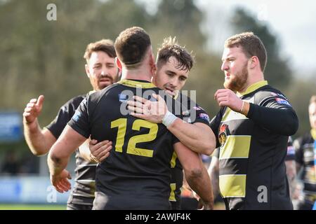 7th February 2020, Rochdale Mayfield Rugby Club, Rochdale, England; Coral Challenge Cup, Rochdale Mayfield v North Wales Crusaders : Crusaders celebra Stock Photo