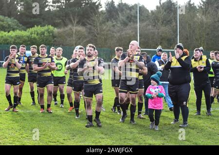 7th February 2020, Rochdale Mayfield Rugby Club, Rochdale, England; Coral Challenge Cup, Rochdale Mayfield v North Wales Crusaders : Crusaders celebra Stock Photo