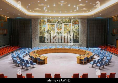 United Nations Security Council chamber, no people, center Stock Photo