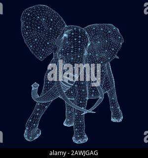Wireframe of an elephant from blue lines with luminous lights on a dark background. Polygonal elephant in motion. 3D. Vector illustration. Stock Vector