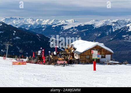 Mountain restaurant in the Peisey Vallandry area of the Les Arcs ski resort , France. Stock Photo