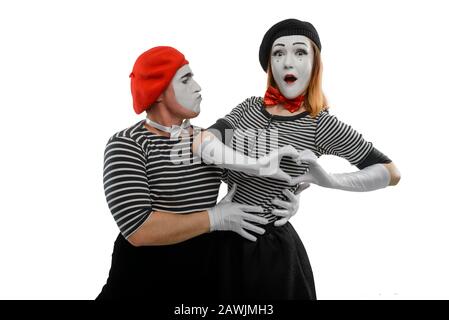 Romantic portrait of two mimes. Male and female mime artists Stock Photo