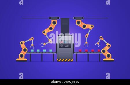 Robots are working on technology production in conveyor belt line factory. Stock Vector